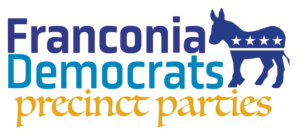 Franconia Democrats precinct parties text with image of donkey